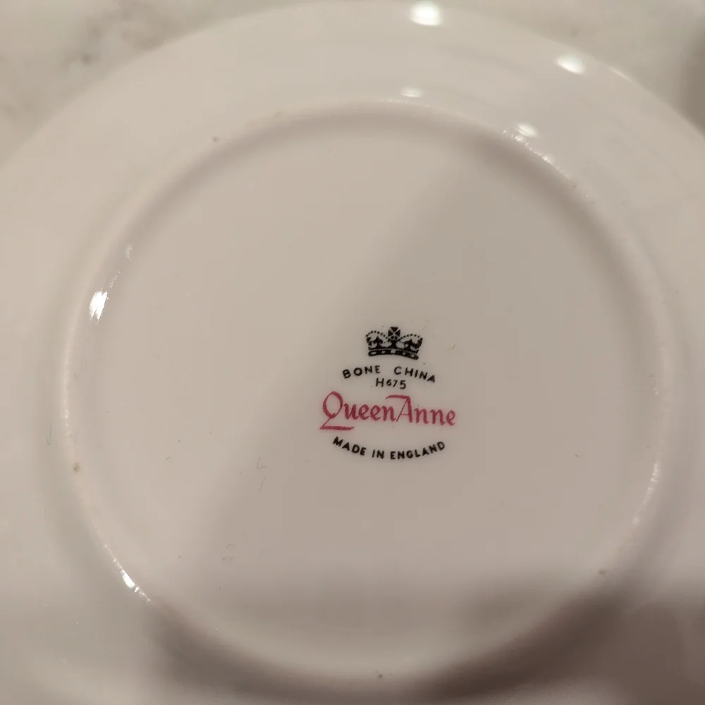 Bone China Queen Anne England  Blue Floral Teacup and Saucer Set with Gold Trim